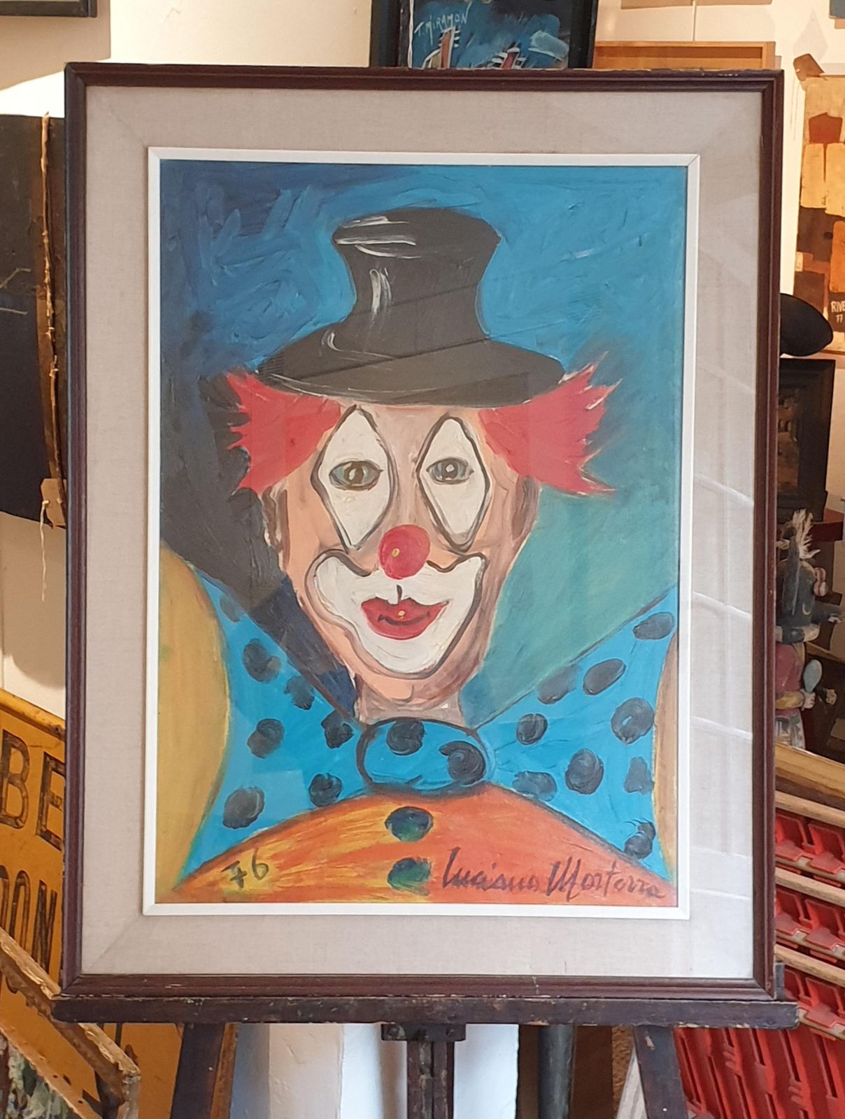 Luciano Morterracoco The Clown In Top Hat And Bow Tie. Milan School, Italian Oil On Canvas.1976 photo vinterior