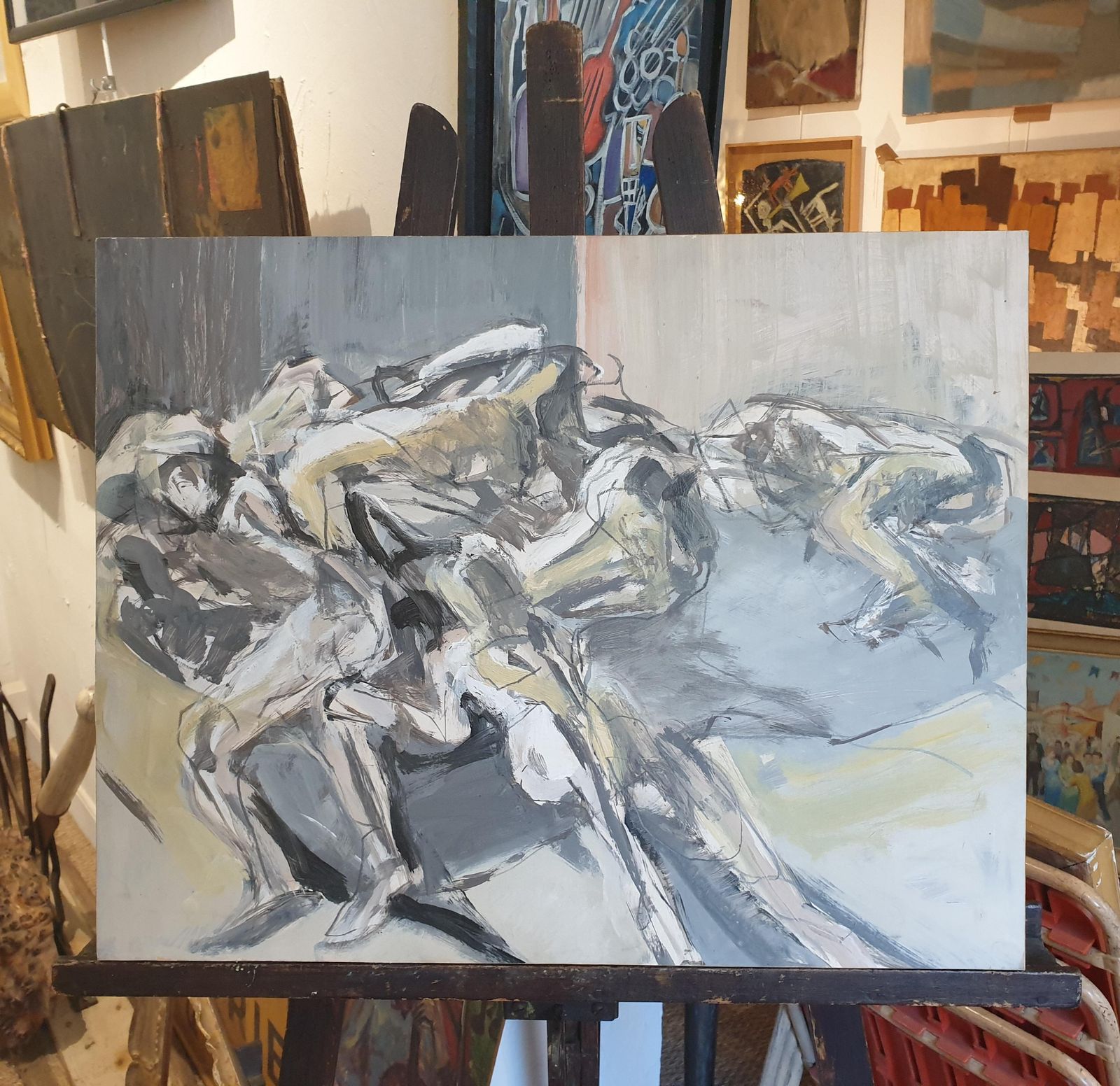 Chantal Payet, 'Assemblées', Figures In Motion, Oil On Paper On Board. (1996) photo furniture