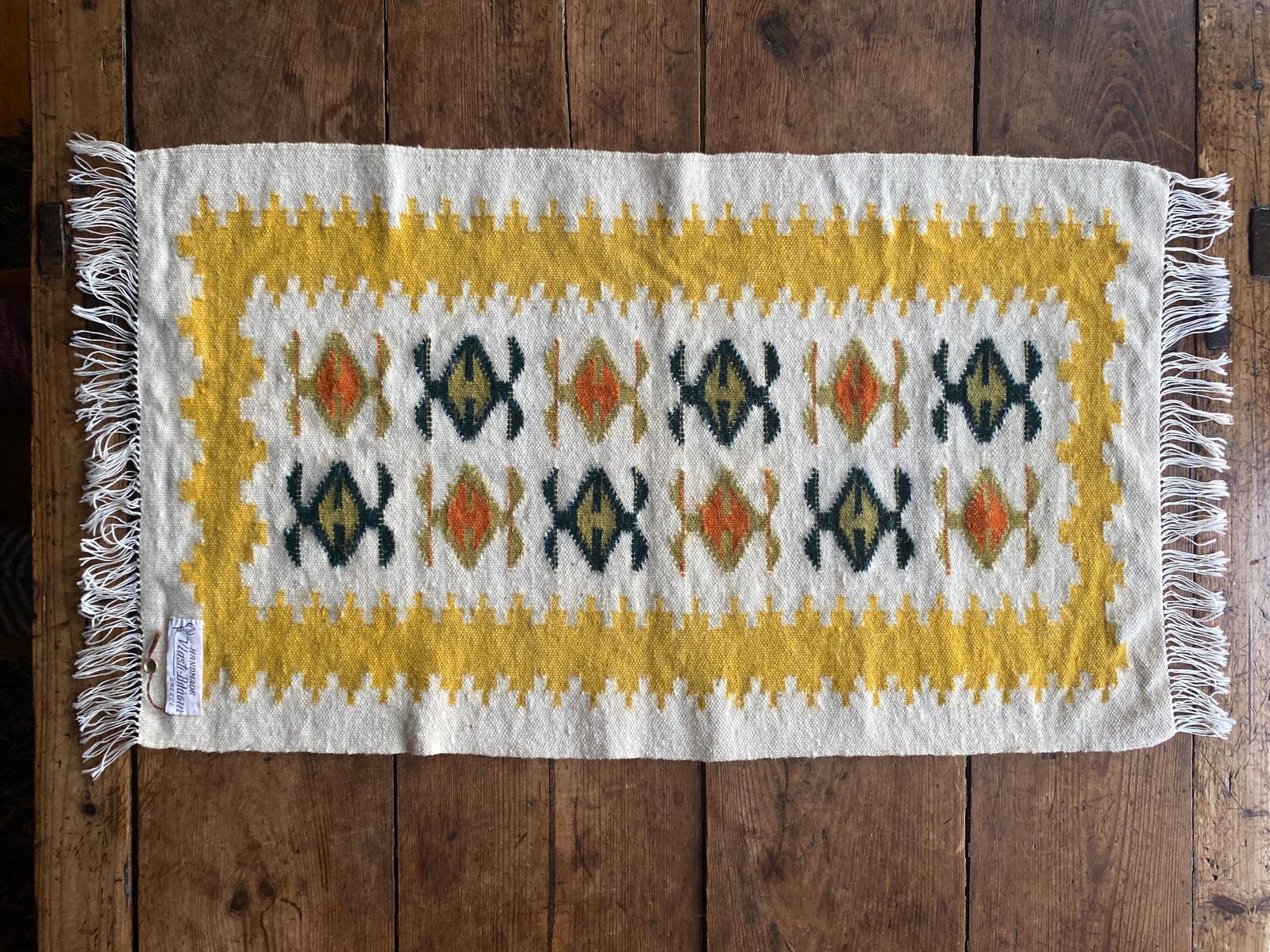 Handmade Yellow And Cream White Flat Weave Tapestry, Vlasti, Greece, 1960 70s photo for sale