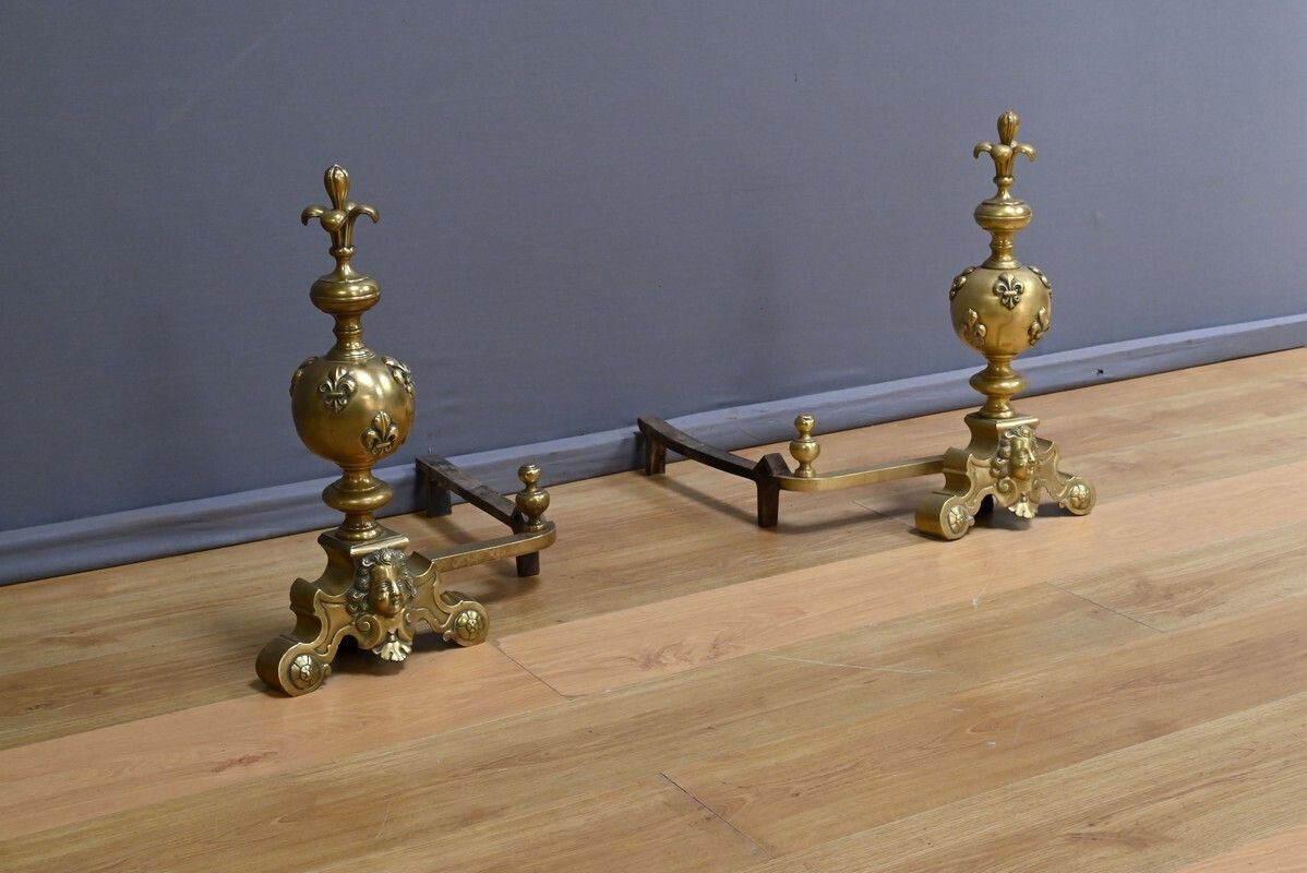 Pair Of Gilt Bronze Andirons – Part 1 Of The 19th Century photo for sale