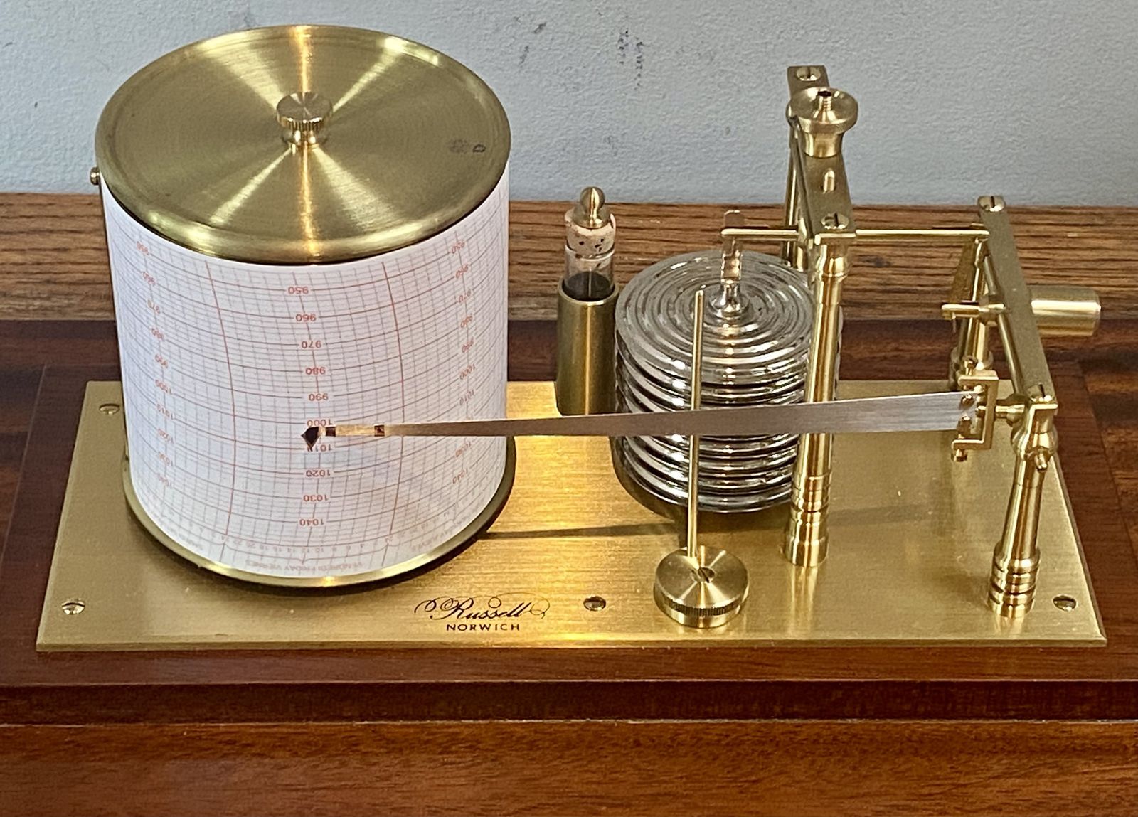 Antique High Quality English Oak And Brass Barograph Aneroid Barometer For Measuring Atmospheric Air Pressure Meteorologist Weather Station Industrial photo vintage