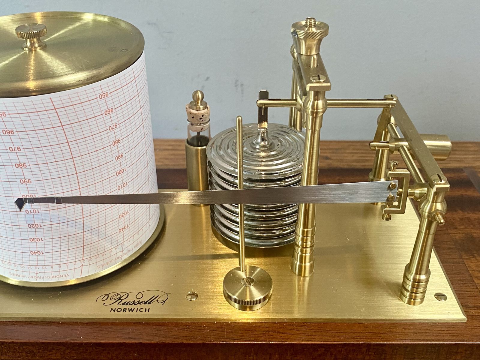 Antique High Quality English Oak And Brass Barograph Aneroid Barometer For Measuring Atmospheric Air Pressure Meteorologist Weather Station Industrial photo for sale