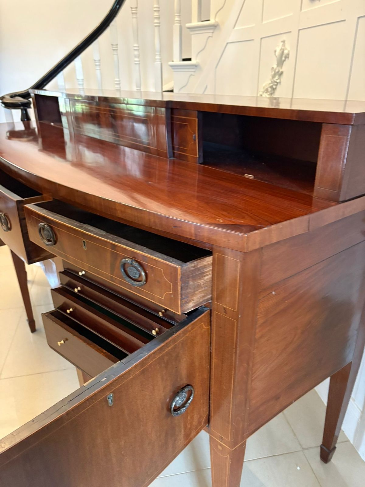 Outstanding Quality Large Antique Mahogany And Boxwood Strung Bow Fronted Sideboard photo for sale