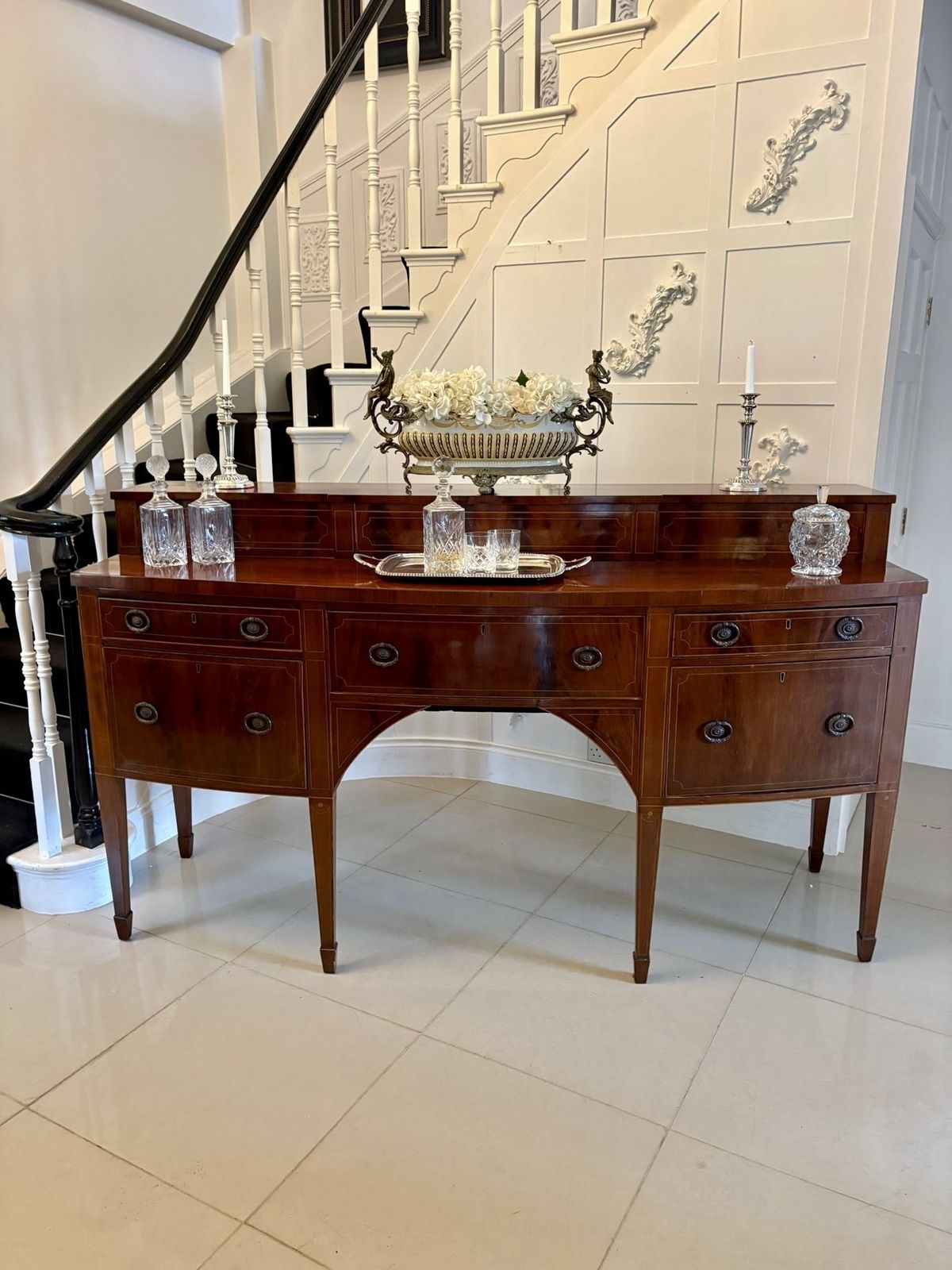 Outstanding Quality Large Antique Mahogany And Boxwood Strung Bow Fronted Sideboard photo Furniture