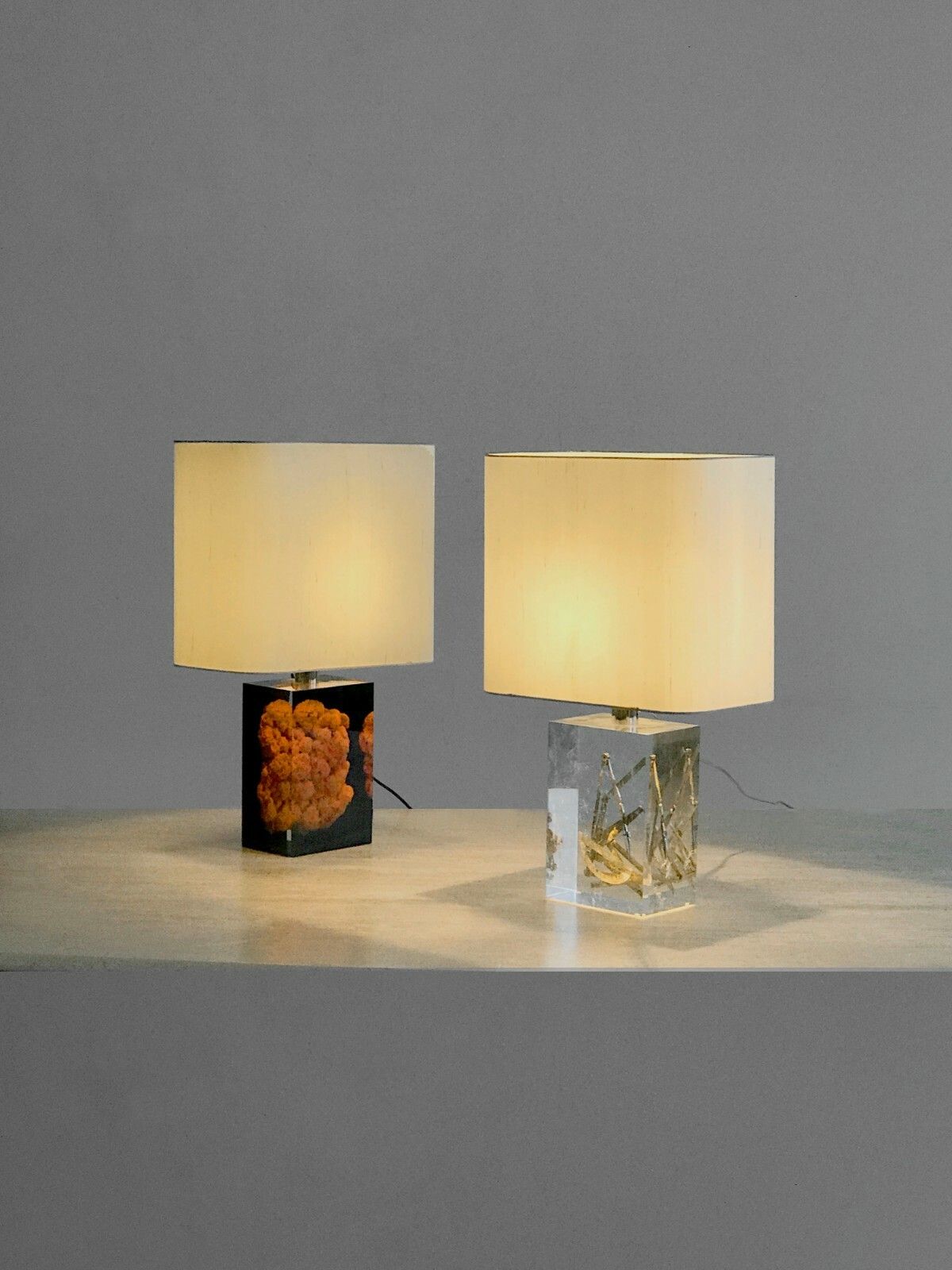 1970 Giraudon 2 Lamps Inclusion Sculpture Shabby Chic Lucite Plexiglas Pop photo vintage