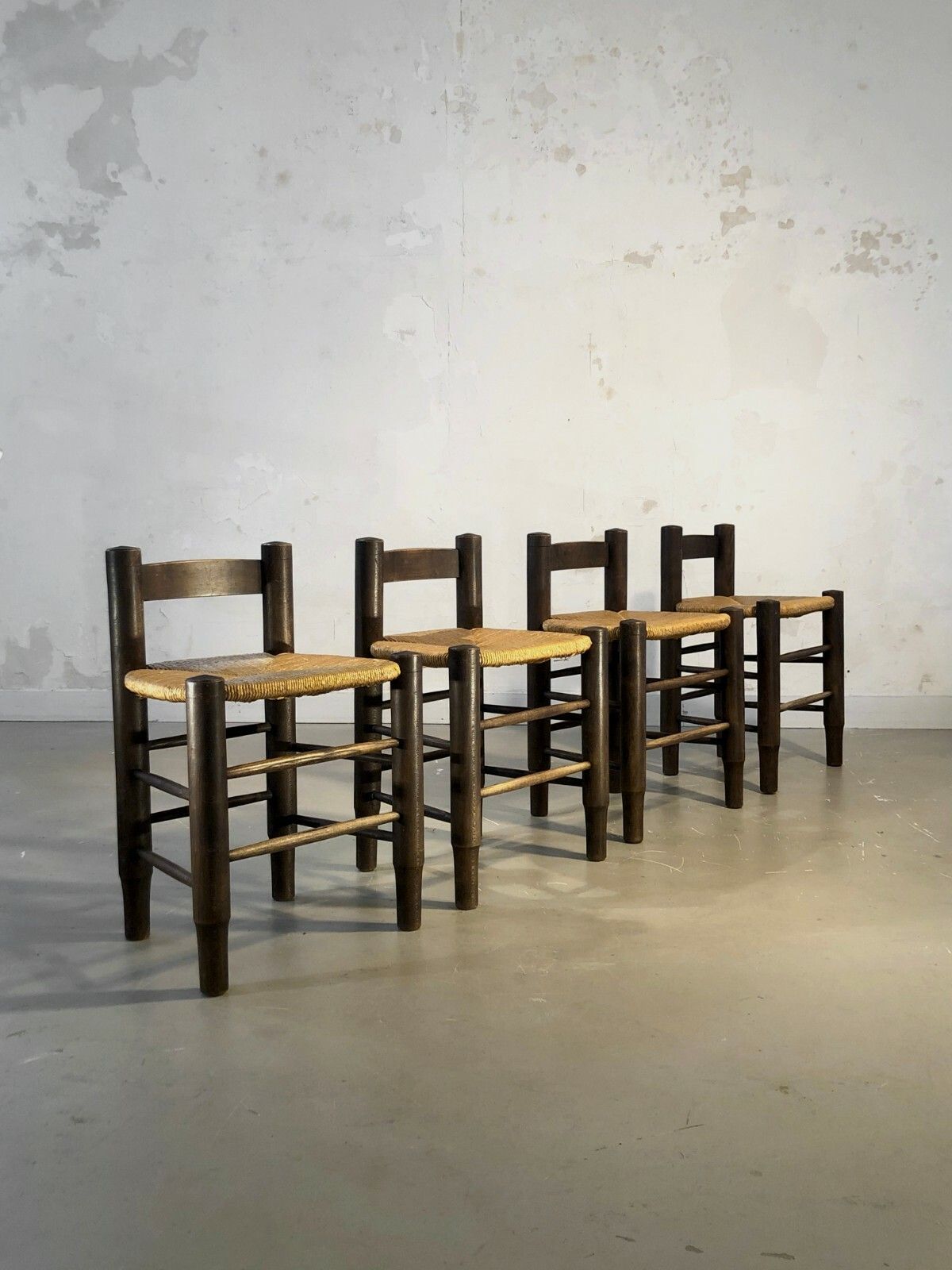 1950 Charles Dudouyt 4 Chairs Stools Modernist Brutalist Chapo Perriand photo for sale