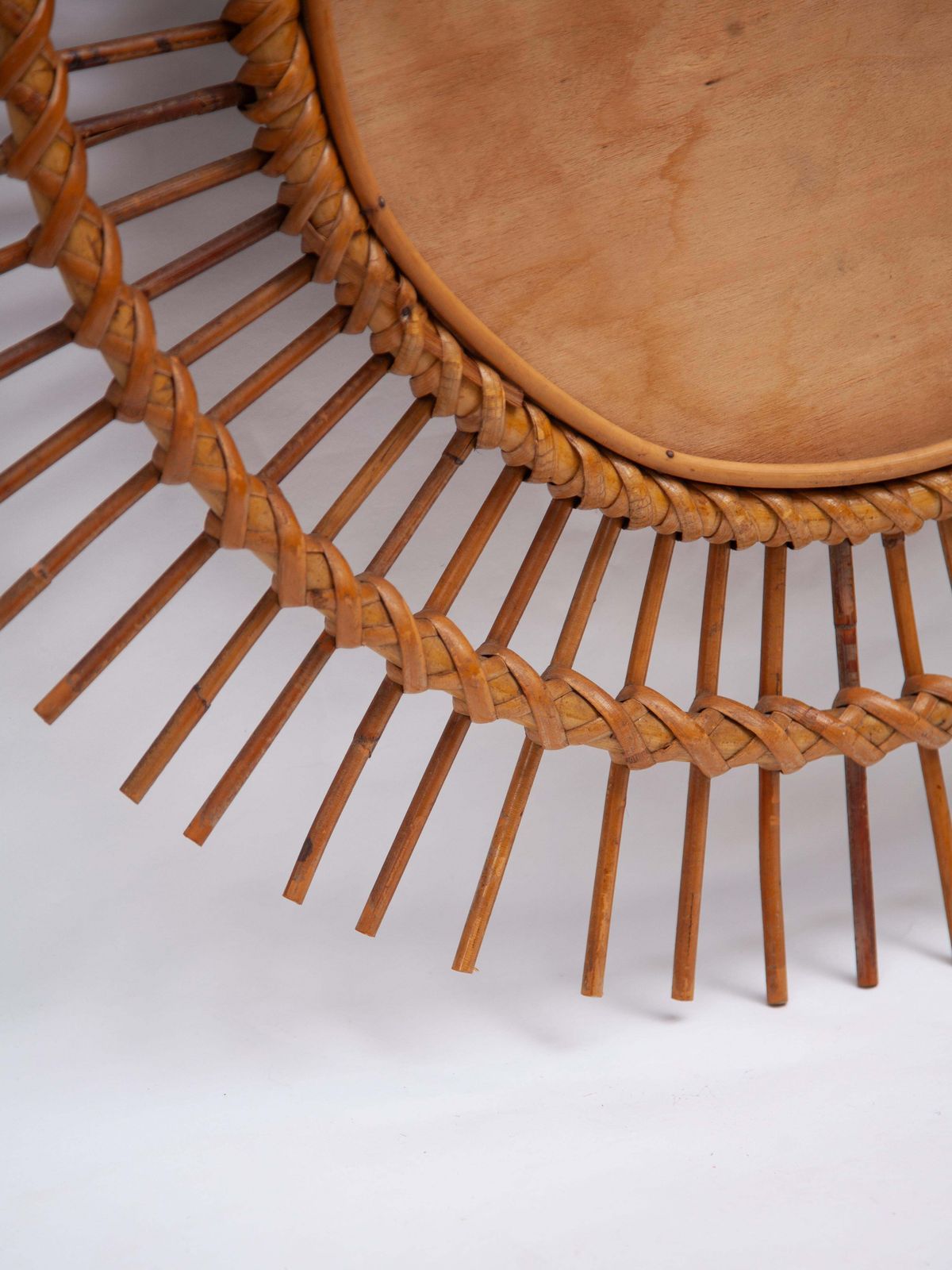 Round Sun Burst 1950s Bamboo Wall Mirror, France photo vinterior