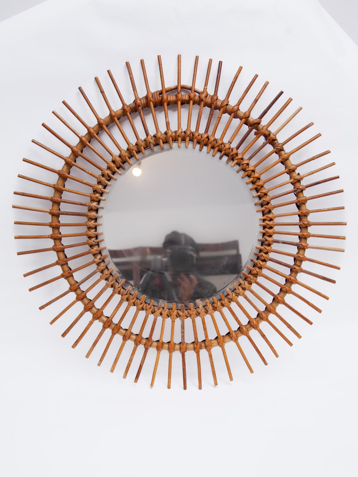Round Sun Burst 1950s Bamboo Wall Mirror, France photo buy