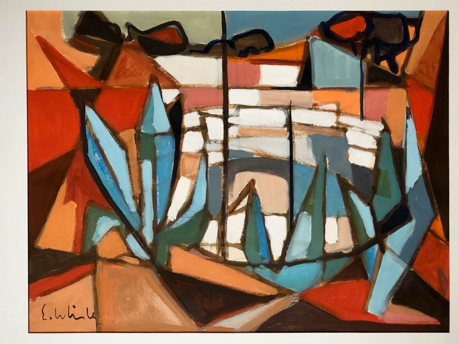 1950 E. Whisle 1/2 Gouache Expressionist Abstract Form Free Cubist Painting photo furniture