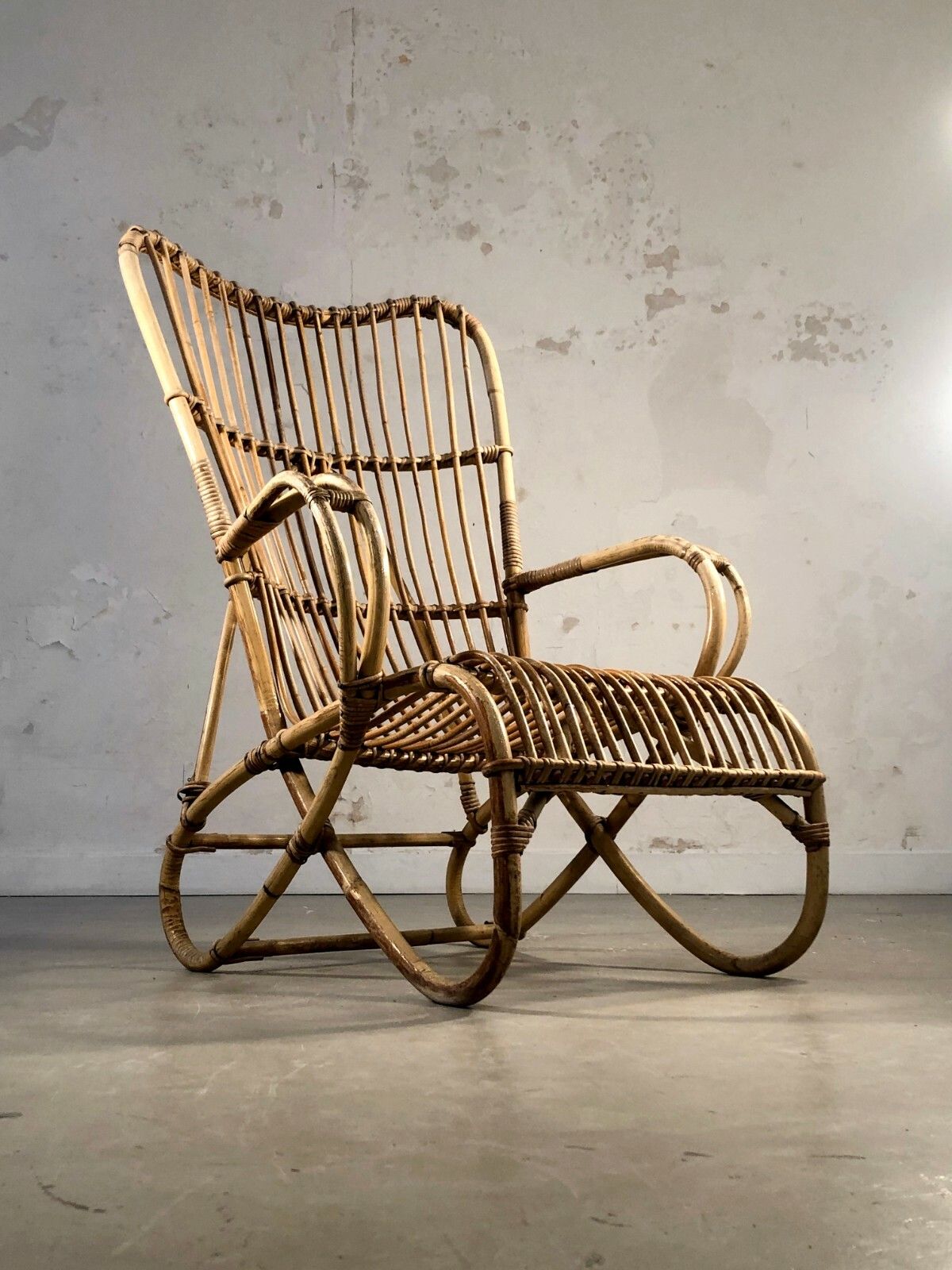 1950 Modernist Armchair Brutalist Shabby Chic Bamboo Rattan Sognot Audoux Minnet