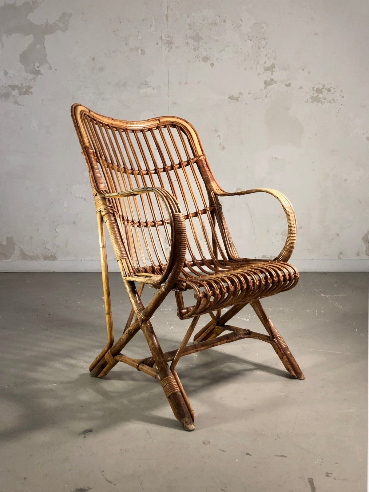1950 Modernist Armchair Brutalist Shabby Chic Bamboo Rattan Sognot Audoux Minnet
