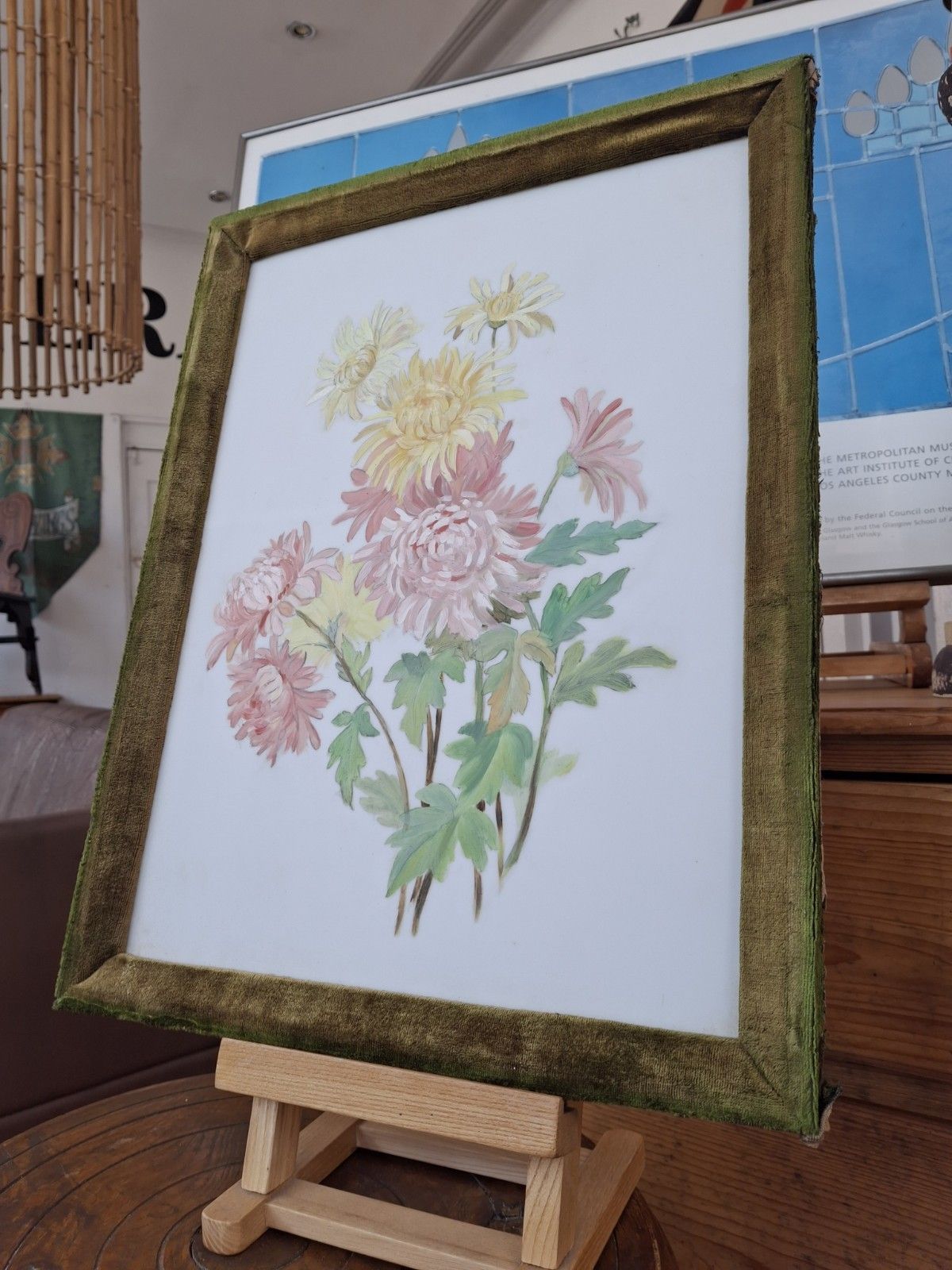 Victorian Velvet Framed Still Life Painting On Milk Glass.