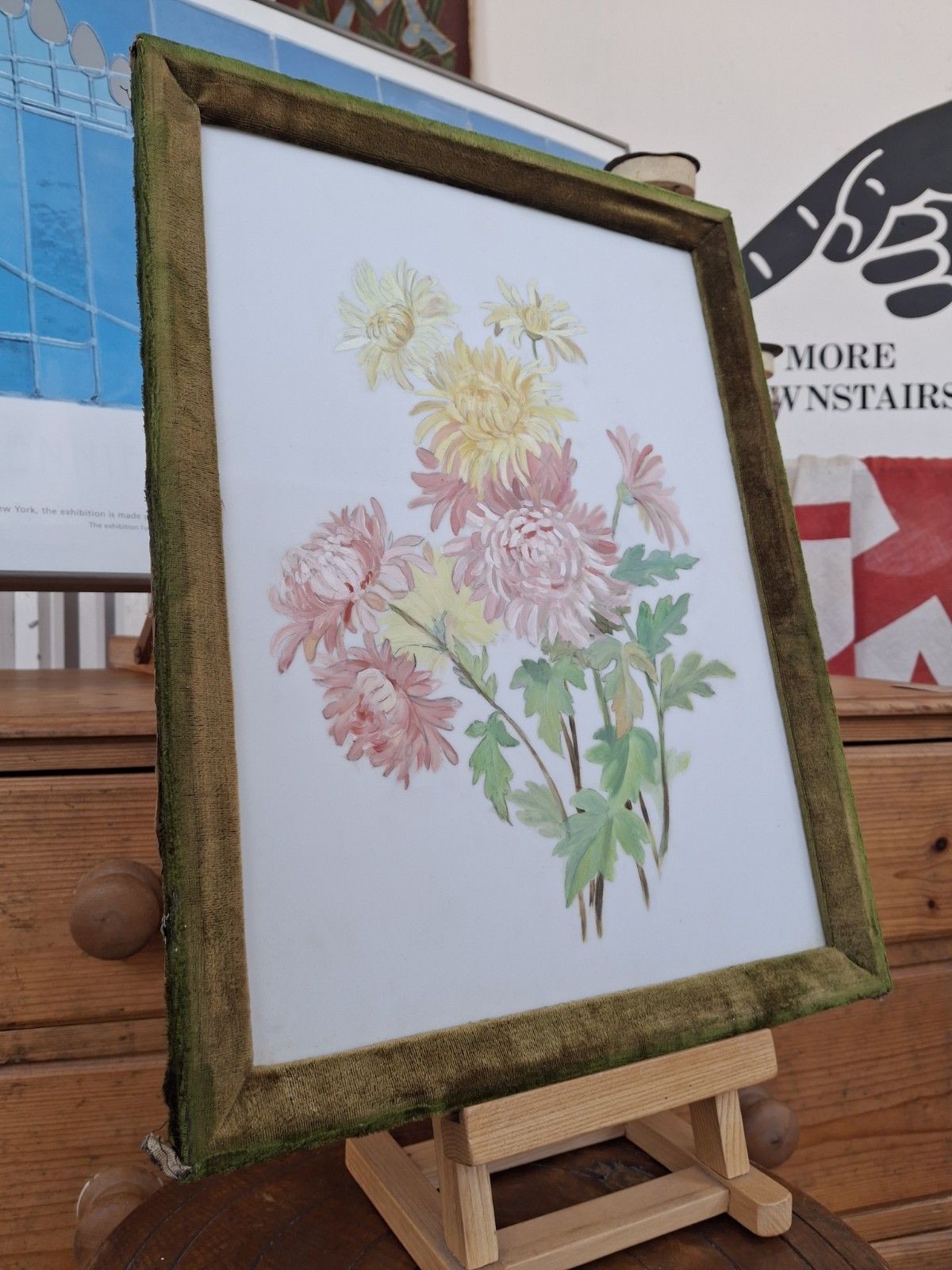 Victorian Velvet Framed Still Life Painting On Milk Glass. photo for sale