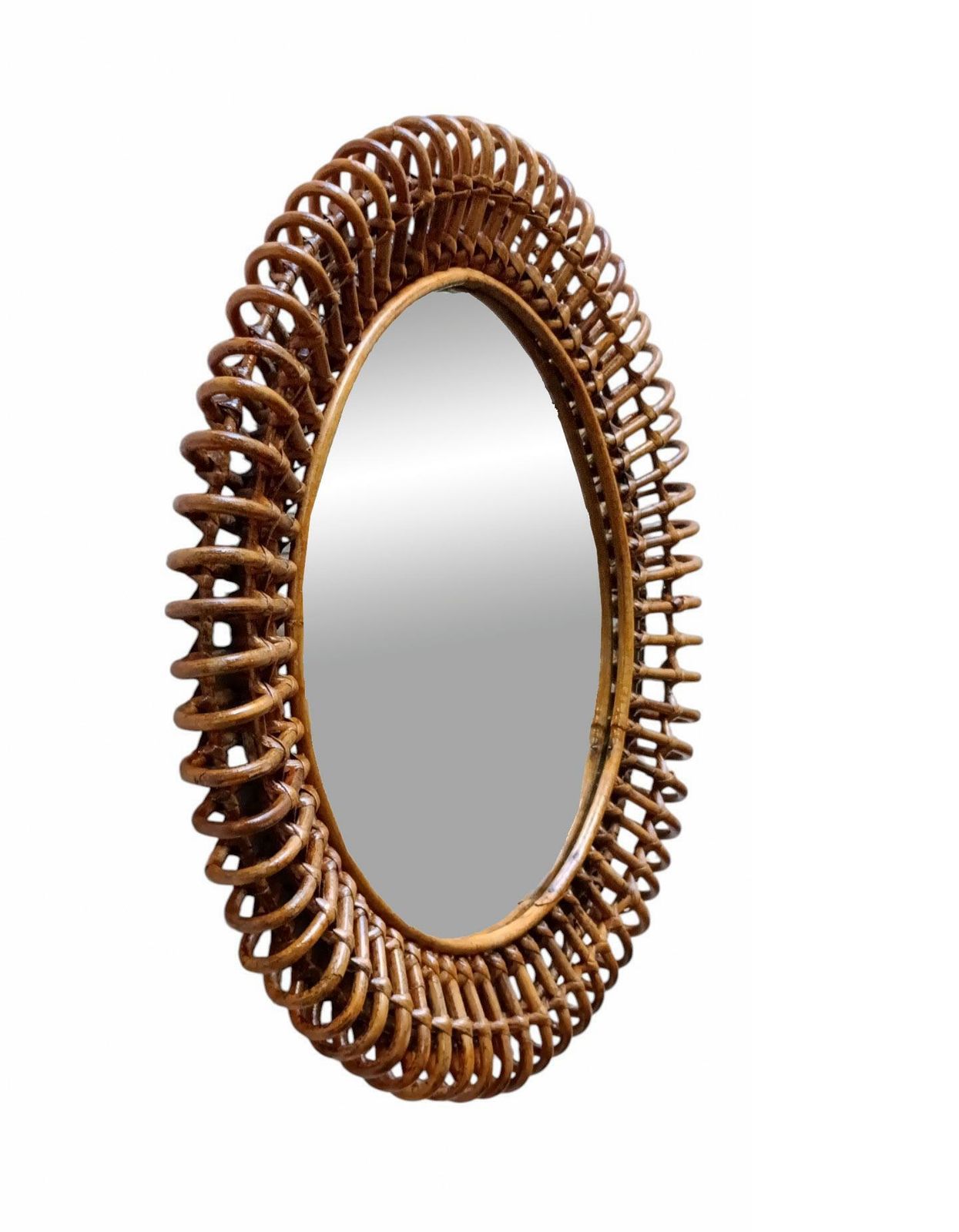 Franco Albini Attr. Rattan And Wicker Round Wall Mirror, Italy 1960s photo for sale