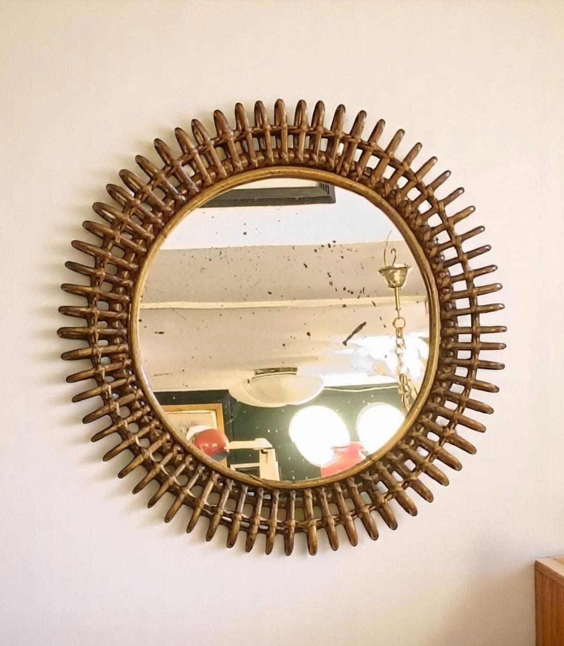 Franco Albini Attr. Rattan And Wicker Round Wall Mirror, Italy 1960s photo Home Decor