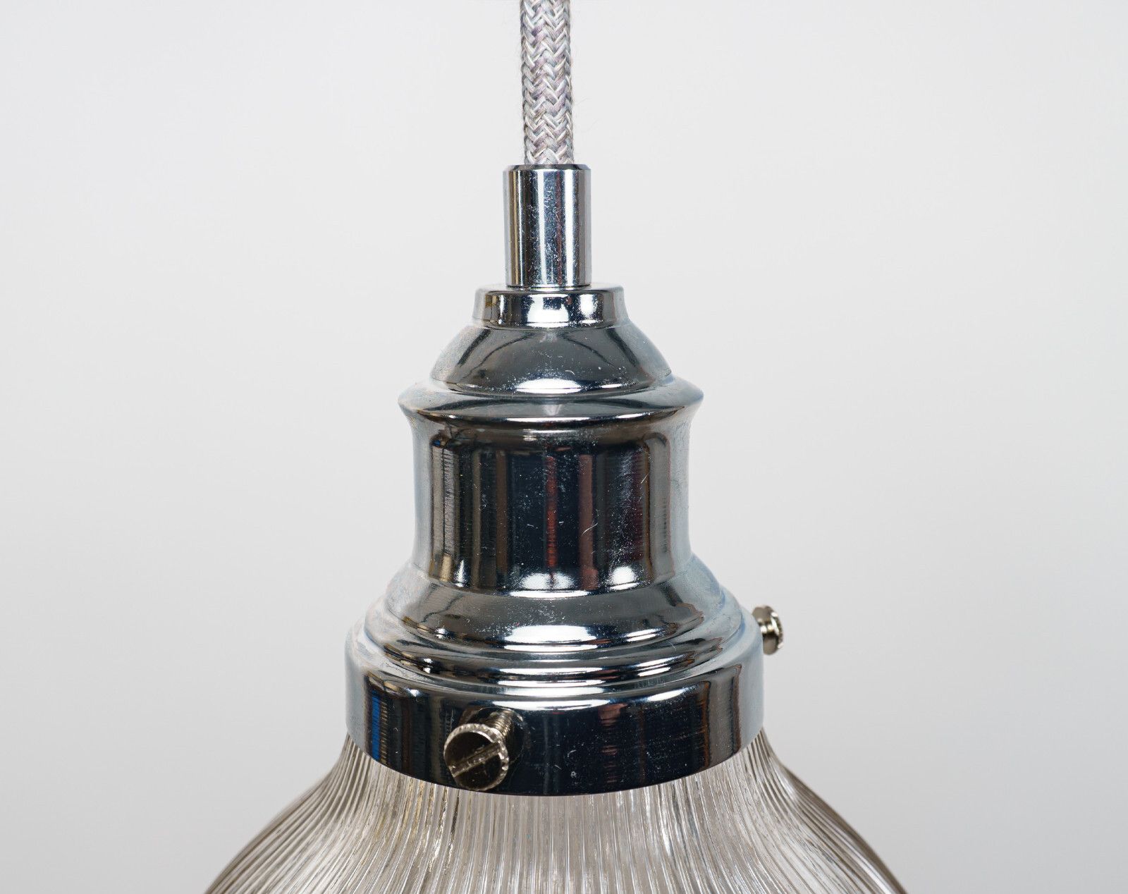 Vintage Ruffled Holophane / Prismatic Glass Pendant Lamp With Chrome Gallery photo for sale