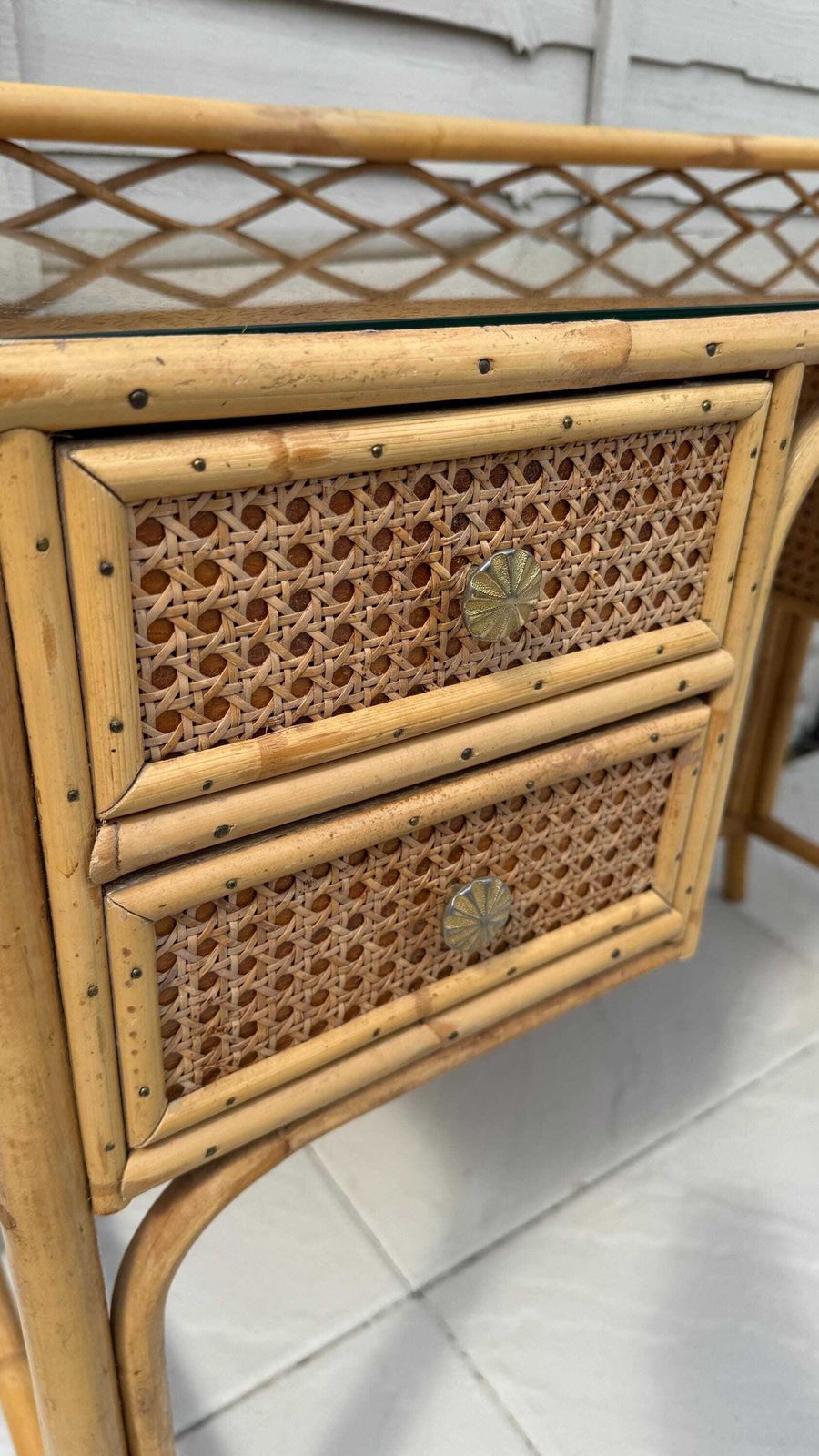 Bamboo Rattan Glass Top Dressing Table, Vintage Boho Bohemian Bedroom Decor photo Furniture