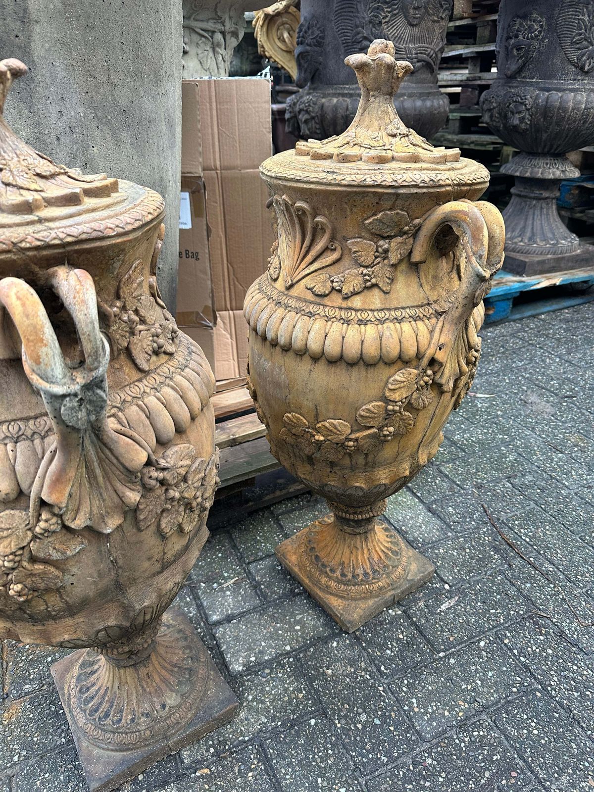 Stunning French Pair Of Matching Stone Urns, Lovely Patina And Colour photo for sale