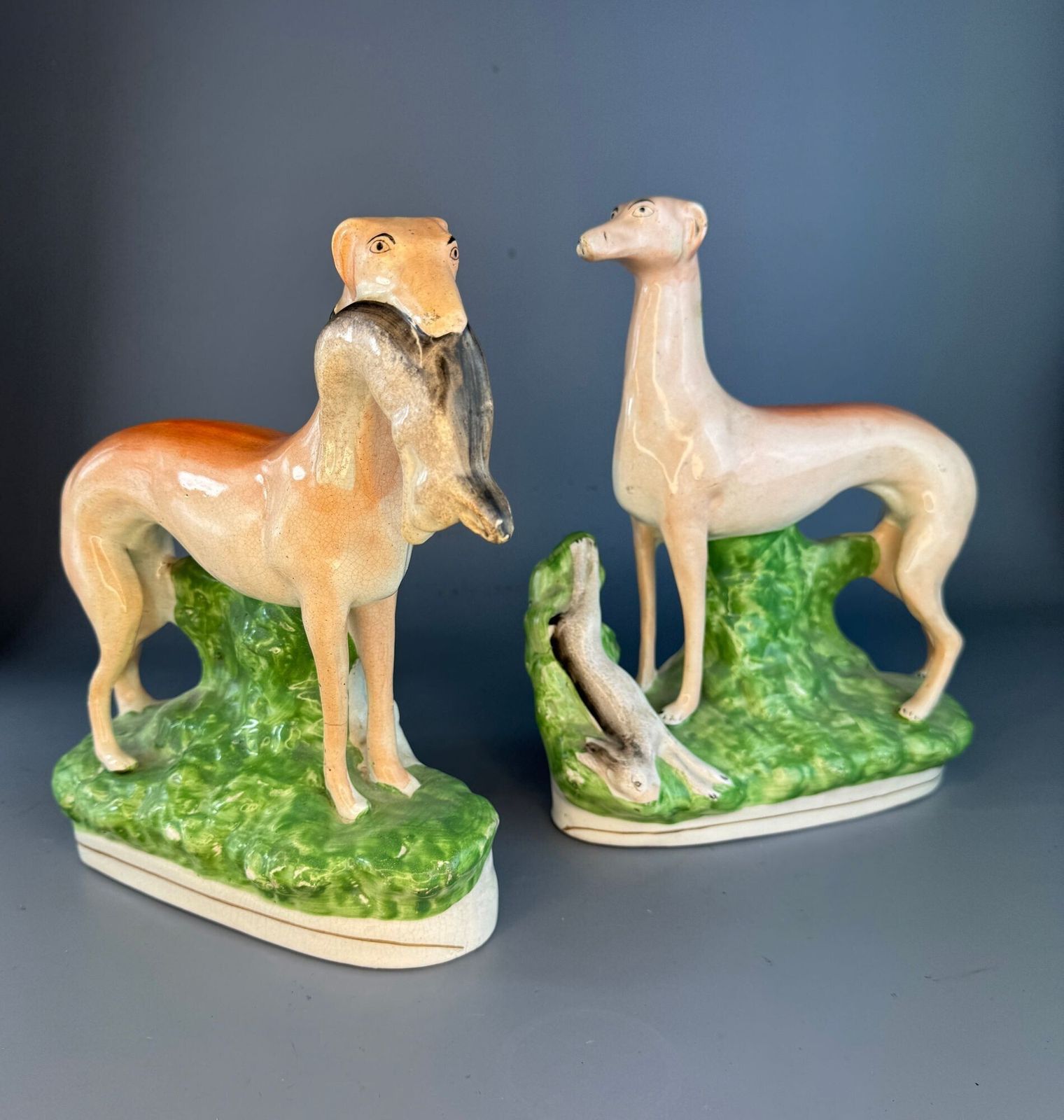'Hares & Graces'   Large Pair Of Victorian Staffordshire Greyhounds With Hares photo furniture