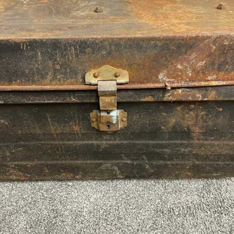 Vintage Black Metal Trunk With Latch And Side Handles Rusted Patina photo vintage