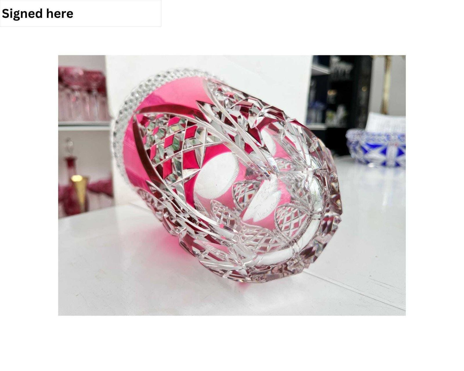 Val Saint Lambert Vase | Pink Crystal | Signed photo vintage