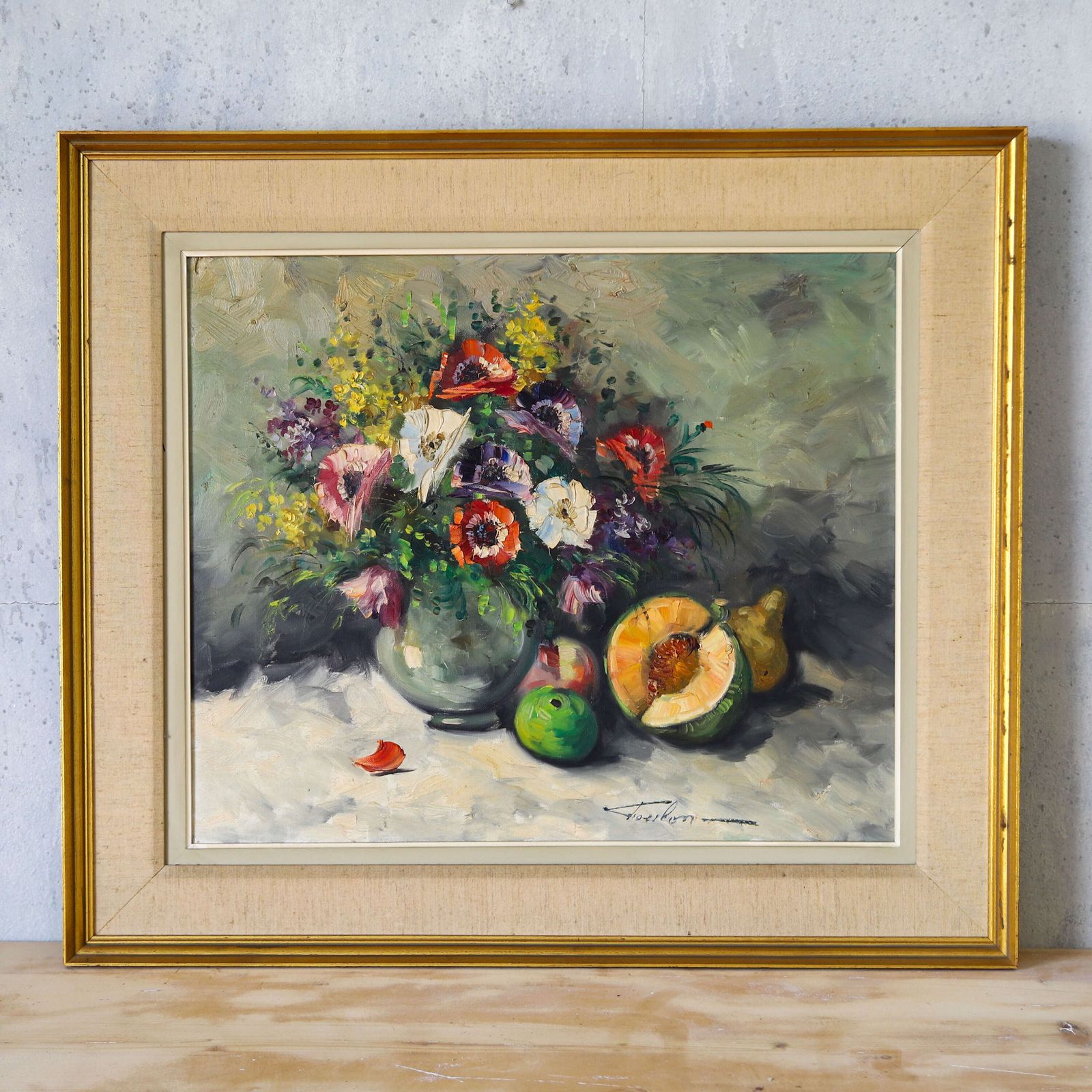 Charming English Still Life: Anemones & Fruit, 1940s 50s, Gilt Moulded Frame photo furniture