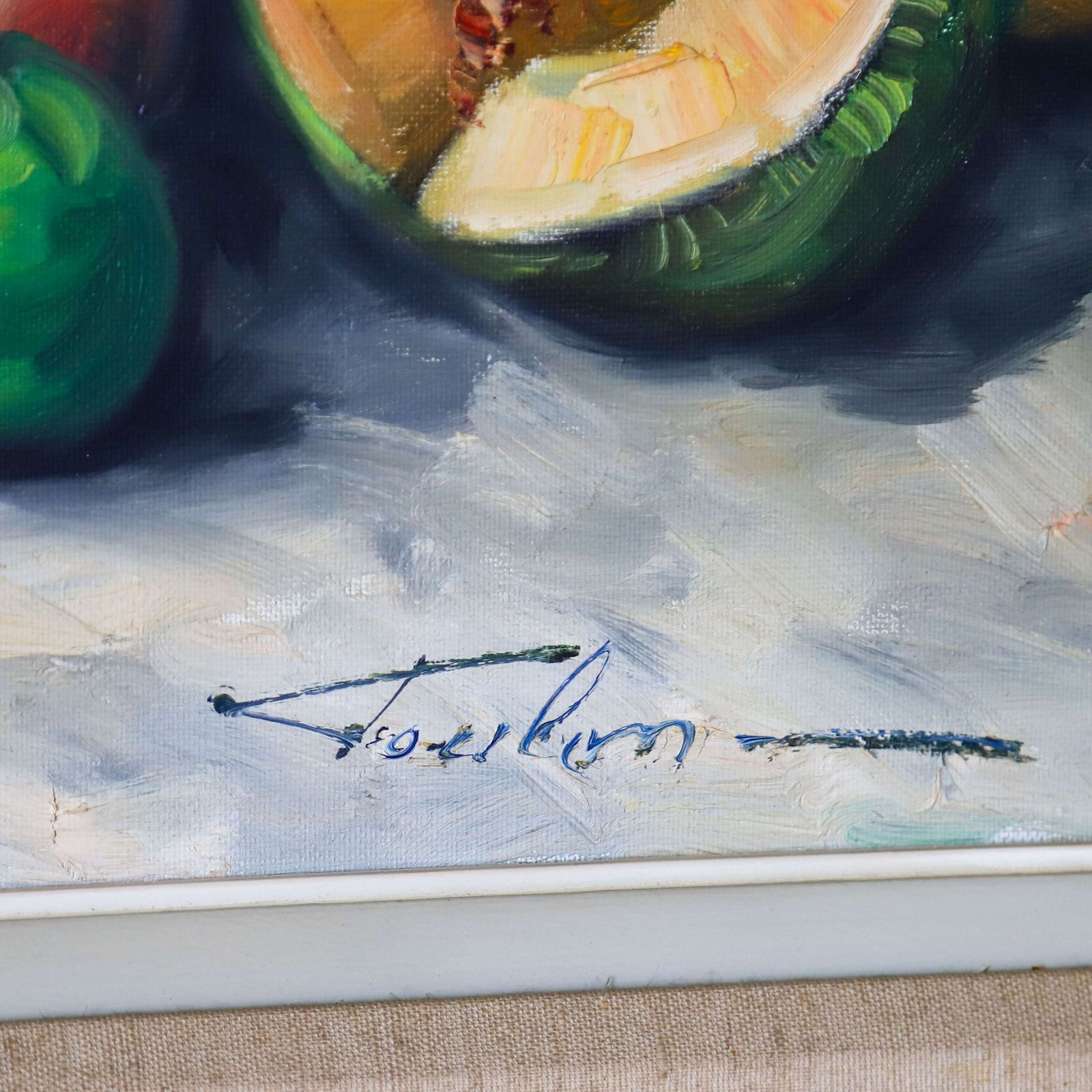 Charming English Still Life: Anemones & Fruit, 1940s 50s, Gilt Moulded Frame photo for sale