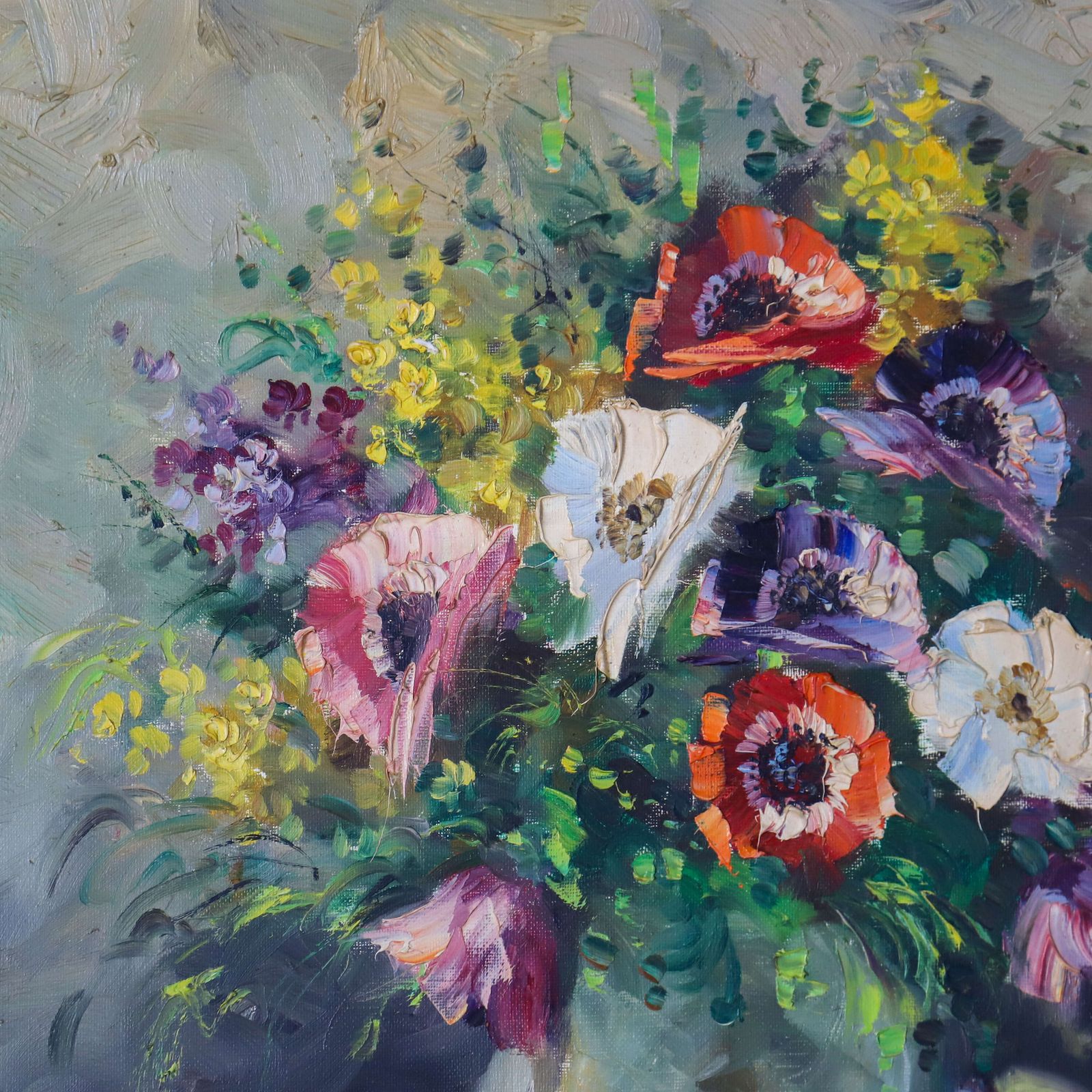Charming English Still Life: Anemones & Fruit, 1940s 50s, Gilt Moulded Frame photo Art