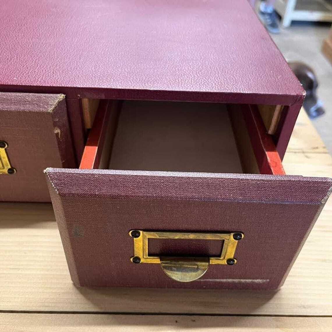 Vintage Run Of 6 Red Filing Drawers Brass Pull Handles Label Holders Patina photo vintage