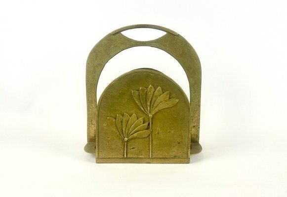 Brutalist Brass Magazine Rack With Floral Elements, 1970s photo buy