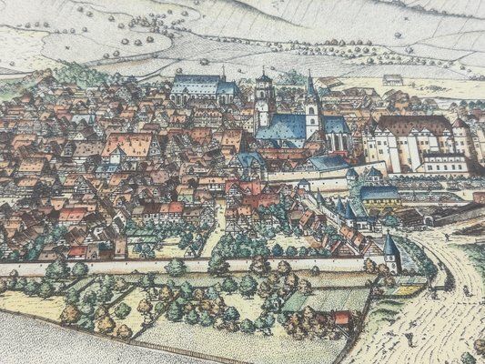Jonathan Sauter, After Jonathan Sauter, View Of Stuttgart In 1592, Colored Copperplate Engraving, 1960s, Framed photo furniture