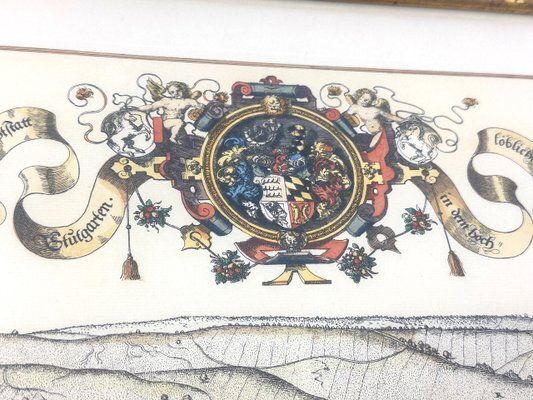 Jonathan Sauter, After Jonathan Sauter, View Of Stuttgart In 1592, Colored Copperplate Engraving, 1960s, Framed photo Art