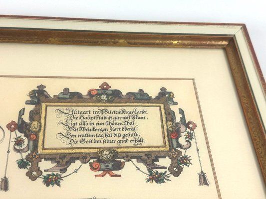 Jonathan Sauter, After Jonathan Sauter, View Of Stuttgart In 1592, Colored Copperplate Engraving, 1960s, Framed photo 210.0