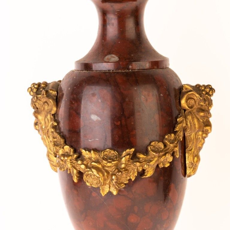photo for sale Antique French Pair Of Rouge Marble & Bronze Satyrs Table Lamps