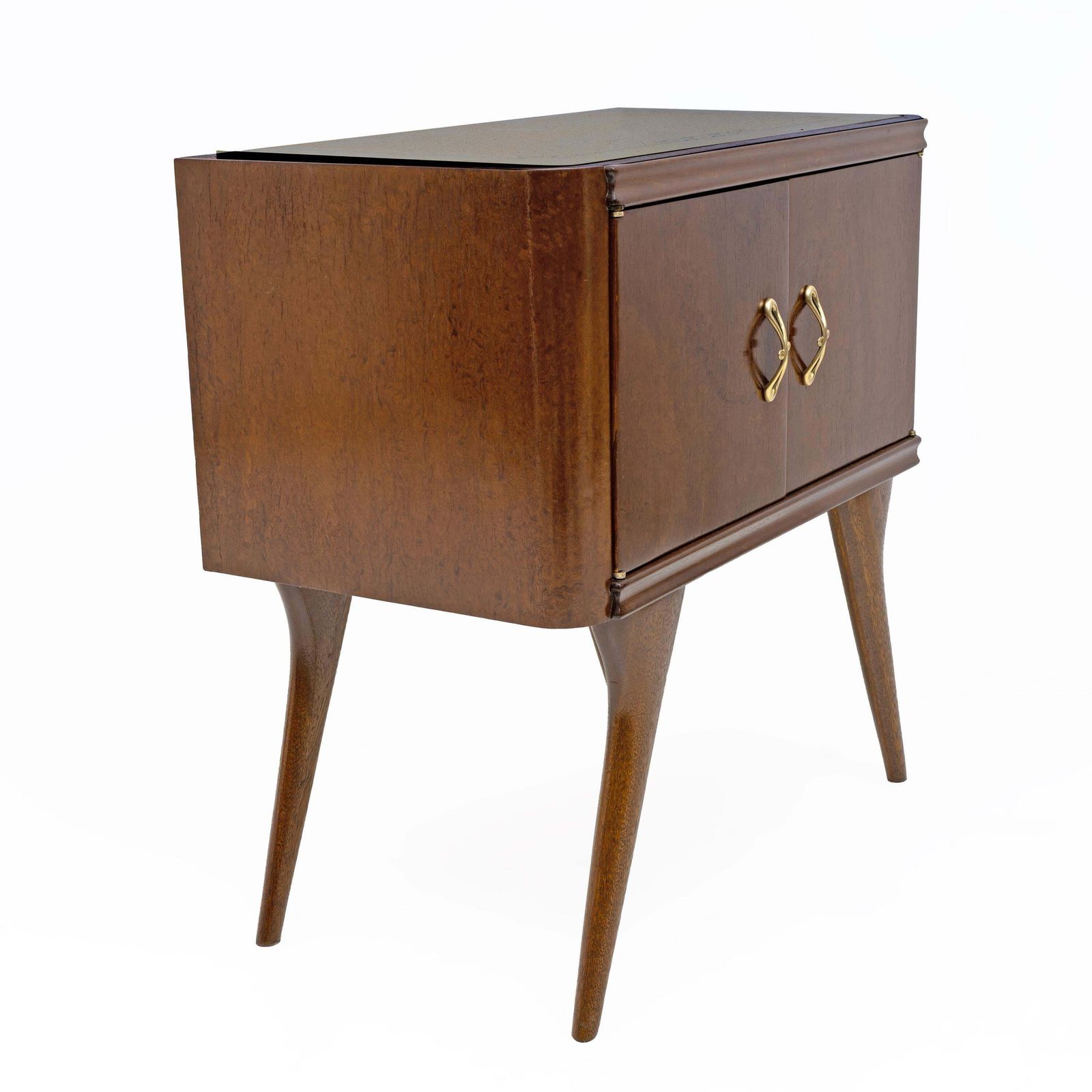 photo for sale Pair Of Mid Century Modern Italian Walnut And Thuja Root Nightstands, 1950s