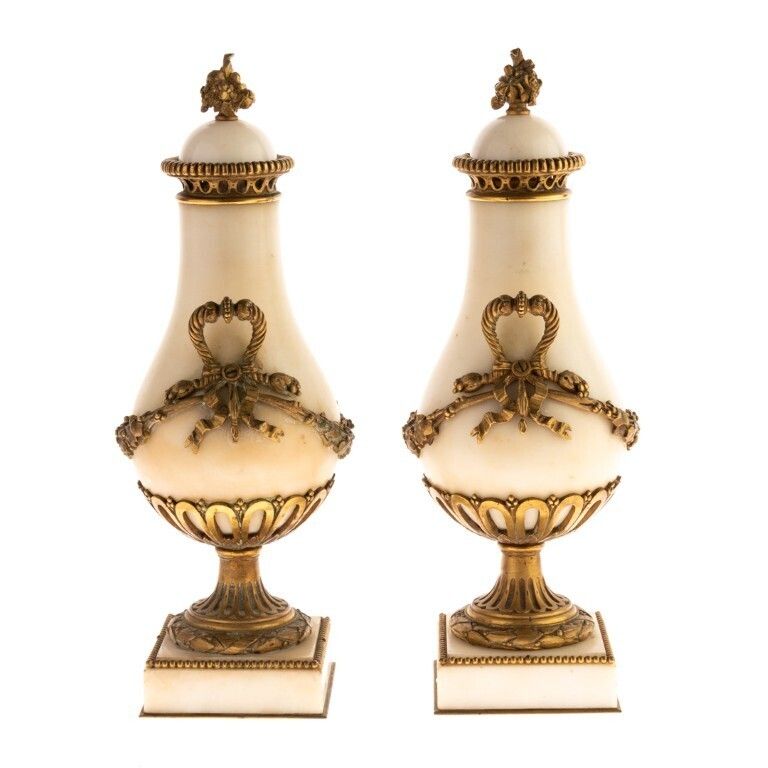 Antique Pair Of French Marble And Bronze Cassolettes Vases 19th Century