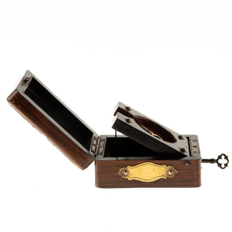 Antique Chased Brass Mounted Pocket Fob Watch Wood Box With Key 19th Century photo for sale