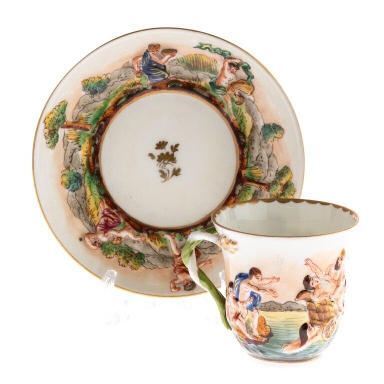 Antique Ginori Doccia Capodimonte Bas Relief Italian Porcelain Cup And Saucer 19th Century