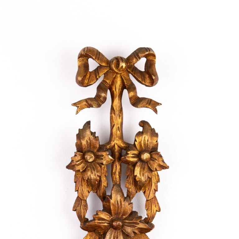 Antique French Gilded & Hand Carved Wood Convex Mirror With Ribbon 19th Century
