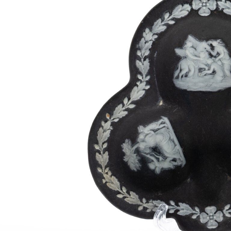 Antique Wedgwood Black Jasperware Ceramic Porcelain Bas Relief Trefoil Dish photo for sale