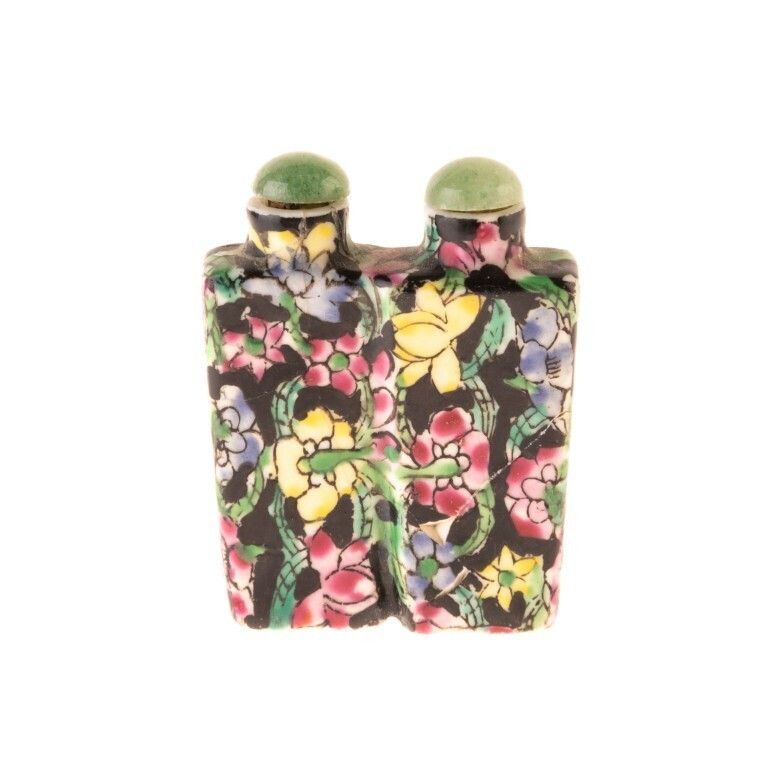 Chinese Hand Painted Famille Noire Twin Porcelain Snuff Bottle With Jade Tops