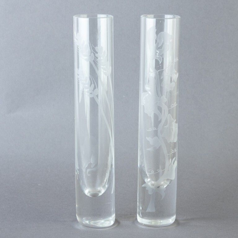 Pair Of Floral Acid Etched Glass Spill Vases
