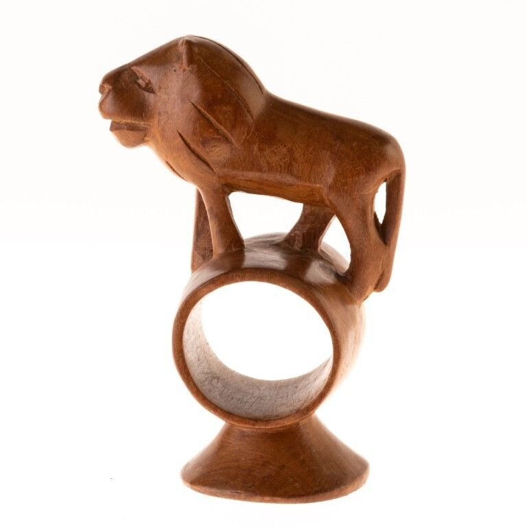 African Ethnographic Carved Wood Lion Napkin Ring