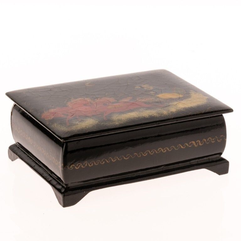 Antique Russian Papier Mache Lacquered Box With Hand Painted Sleigh photo for sale