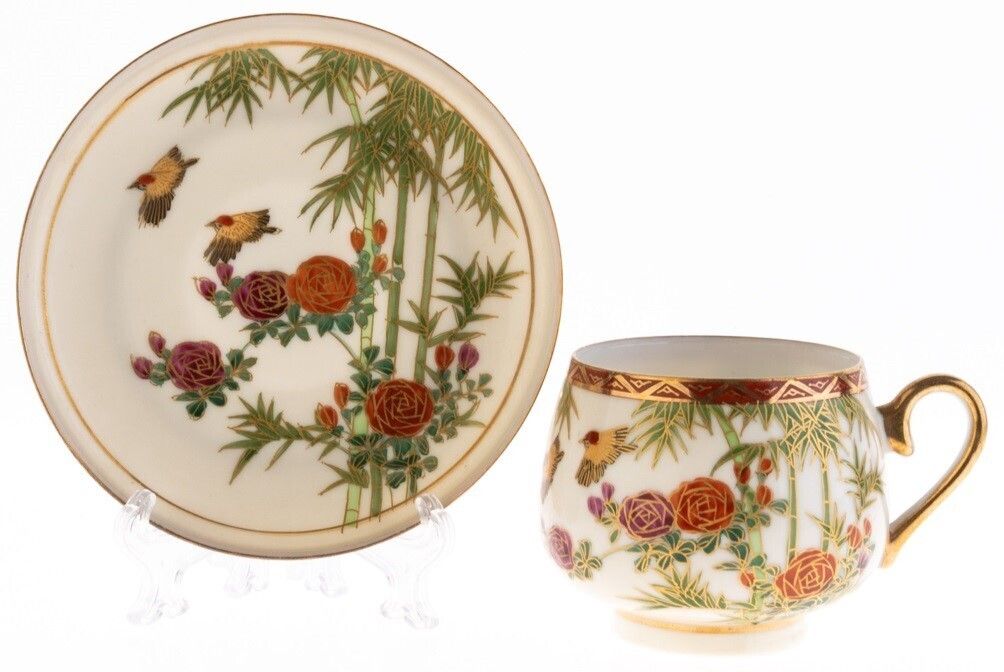 Mid Century Japanese Hand Painted Flying Birds Kutani Porcelain Teacup And Saucer