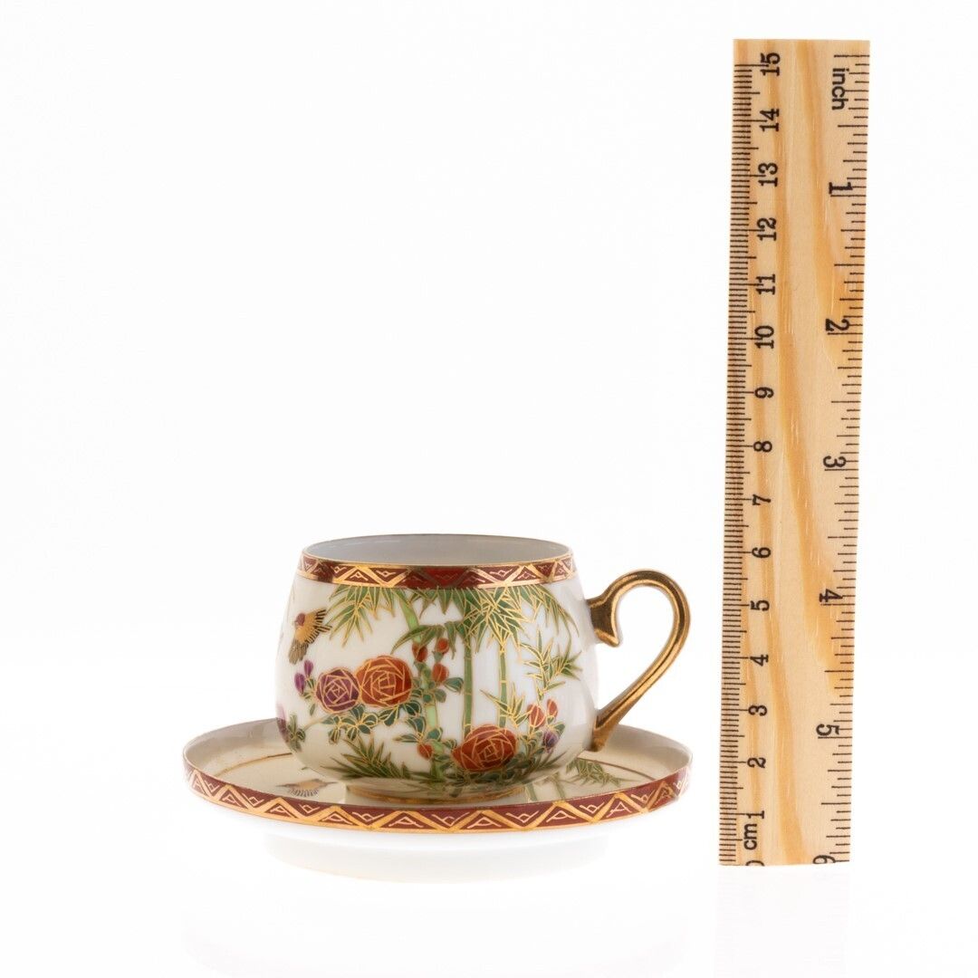 Mid Century Japanese Hand Painted Flying Birds Kutani Porcelain Teacup And Saucer photo for sale