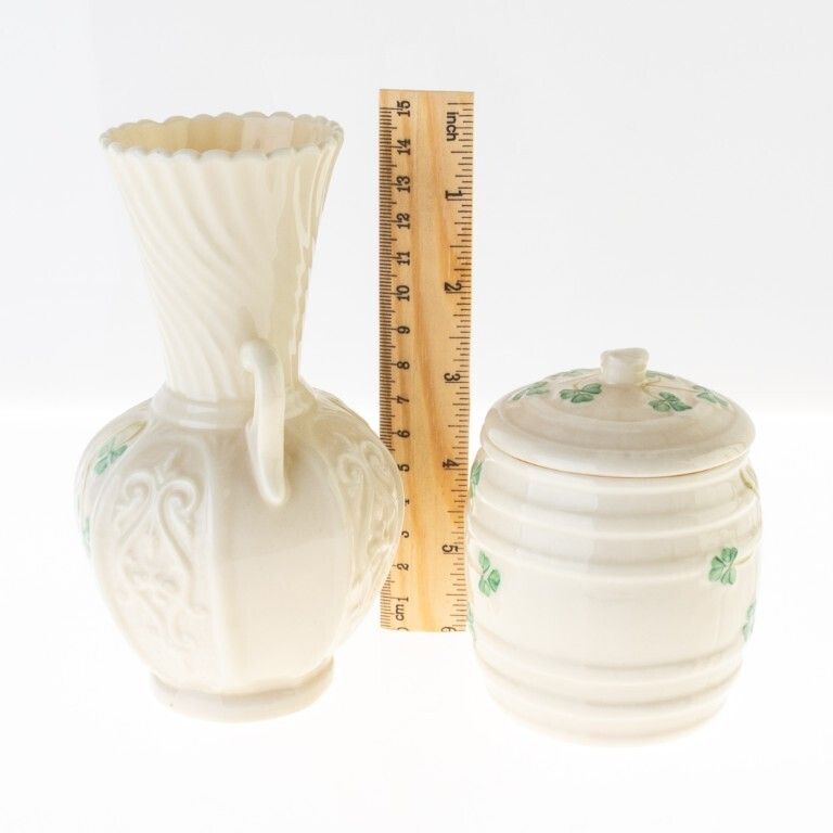 An Irish Belleek Porcelain Vase And Lidded Barrel Jar photo 85.0