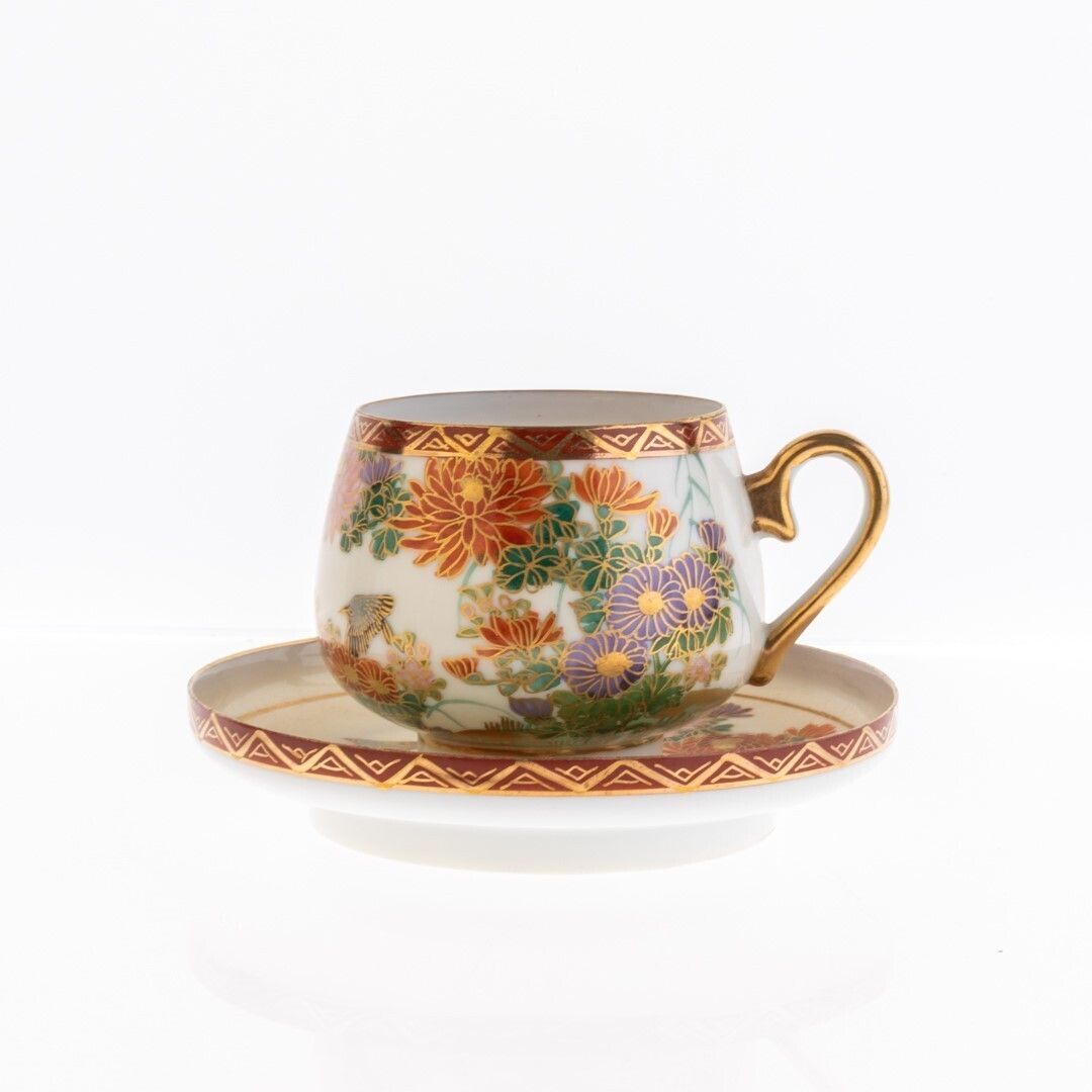 Mid Century Japanese Hand Painted Flying Birds Kutani Porcelain Teacup And Saucer photo furniture