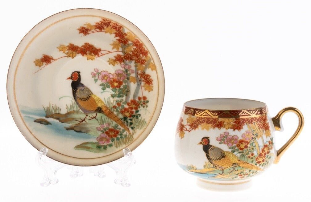 Mid Century Japanese Hand Painted Exotic Birds Kutani Porcelain Teacup And Saucer