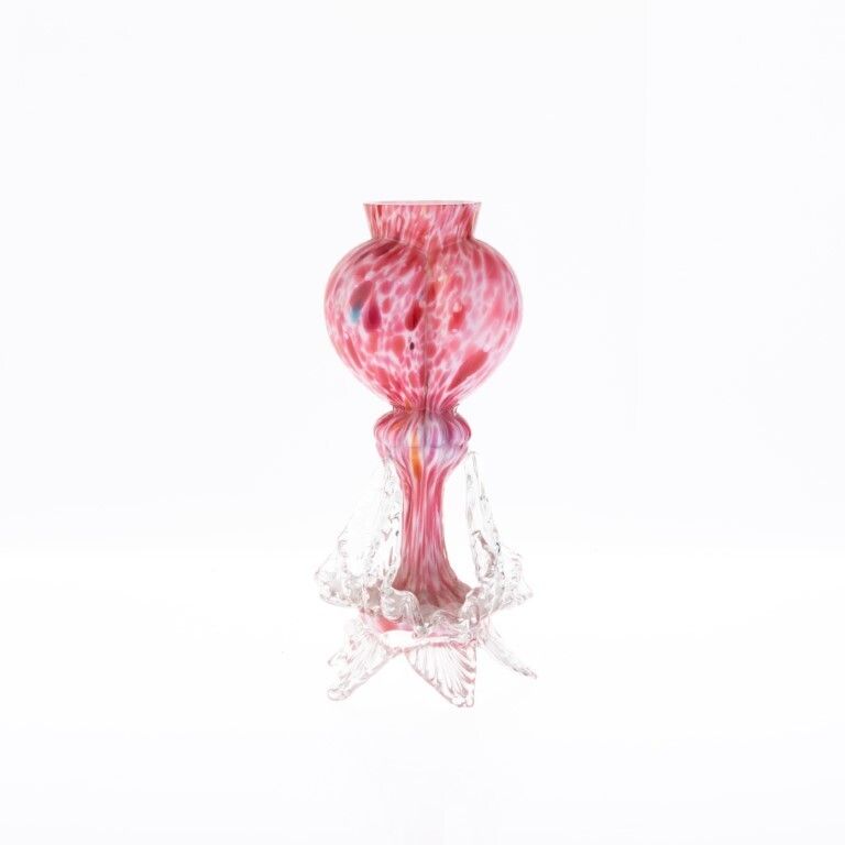Antique Art Nouveau Bohemian Franz Welz Mottled Pink Hand Blown Glass Vase photo for sale
